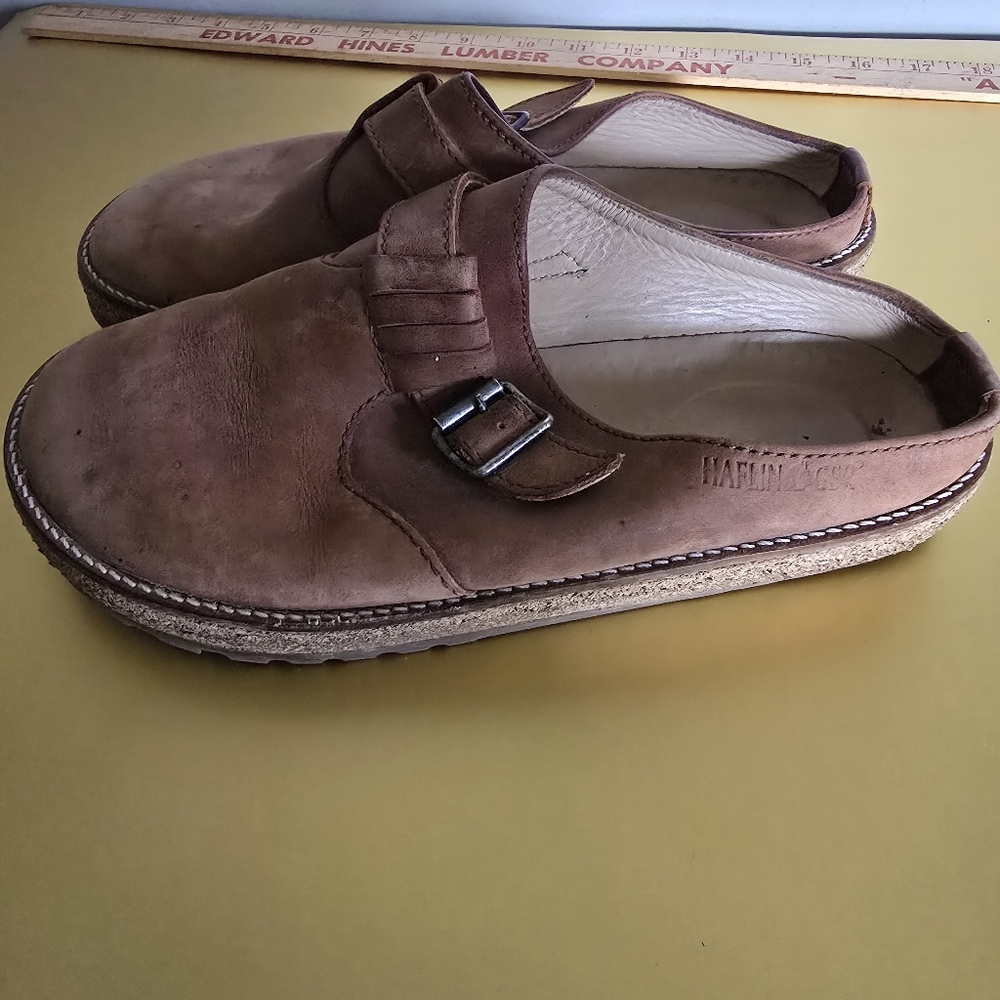 Haflinger Brown Leather Slip-On Clog with Buckle Detail
